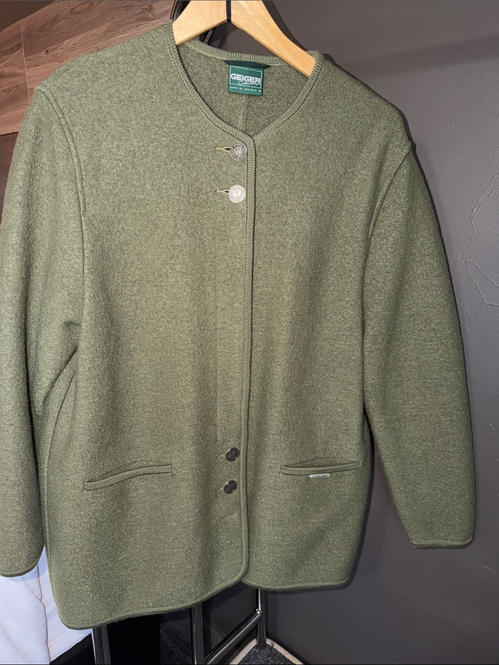 Vintage GEIGER Austria Boiled Pure Wool Coat Jacket Women 42 US S Army Green